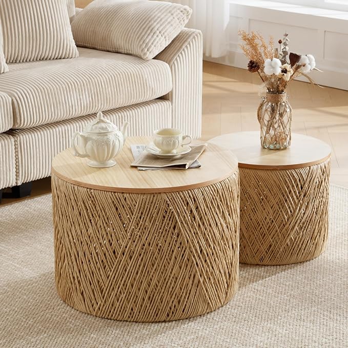 Nesting Coffee Table Set of 2, Round Natural Wood Drum Coffee Tables with Storage Boho Rattan Circle End Table Set for Living Room Bedroom Small Space No Assembly Required, Burlywood