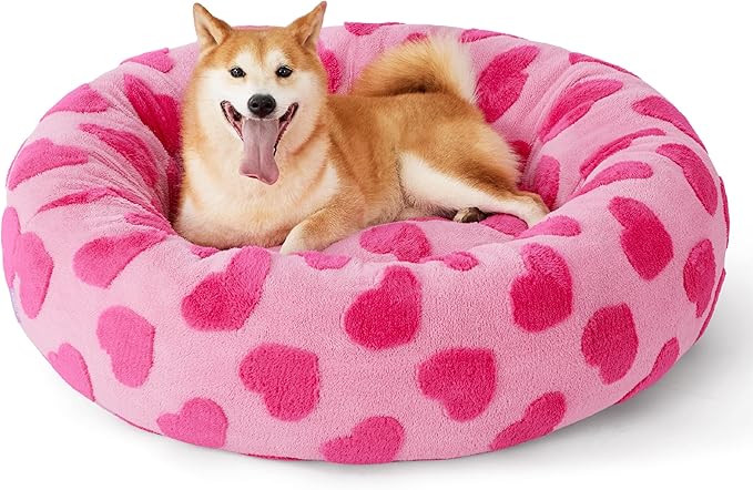 Lesure Donut Large Dog Bed - Round Cat Beds for Indoor Anti-Anxiety Calming Pet Beds, Washable Cute Modern Beds with Teddy Sherpa Plush & Anti Slip Bottom, 36 Inch, Heart Pink