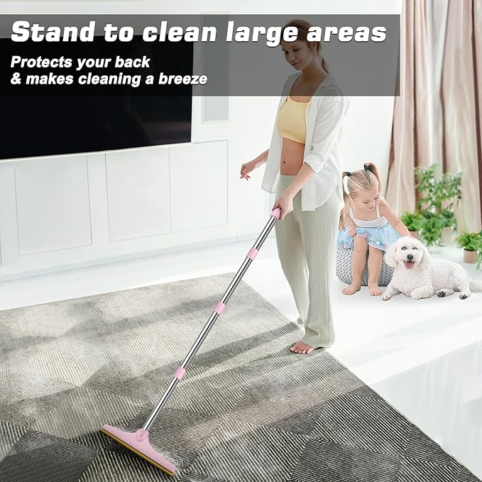 B-Land Carpet Rake for Pet Hair Removal, Reusable Pet Hair Remover with 60” Adjustable Long Handle, Carpet Scraper Dog Cat Hair Remover Tool for Rugs, Mats, Couch, Furniture Pink