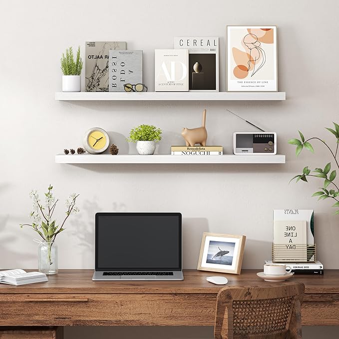 Heimlove 36 Inch Floating Shelves for Wall,Mounted Storage & Display Wood Shelves with Invisible Brackets,Hanging Shelf for Bedroom Living Room Kitchen Office,Set of 2,White