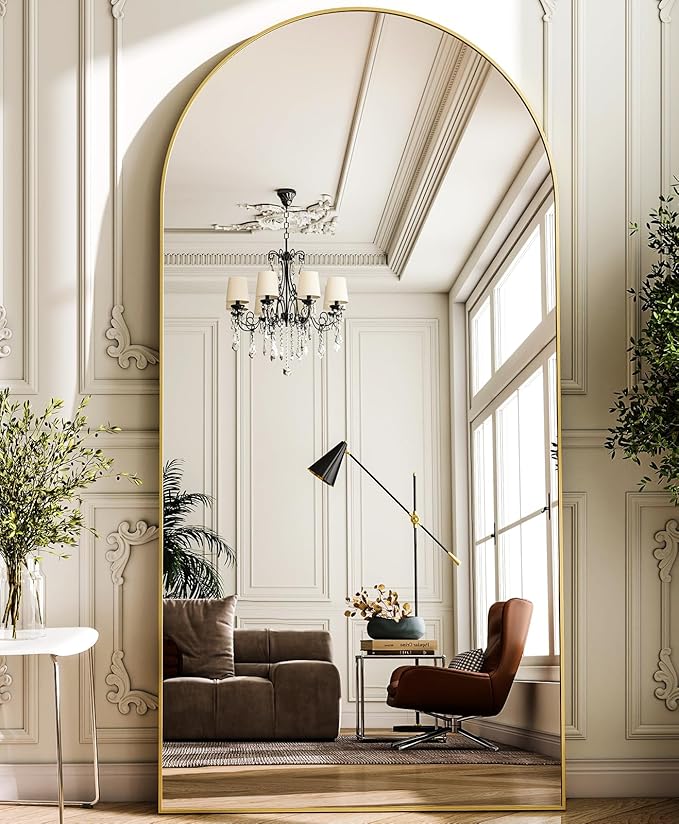 GLSLAND-34x76 inch Wall Mount Arched Full Length Mirror-Aluminum Alloy Frame High Definition-Full Body Mirror for Bedroom or Living Room,Gold