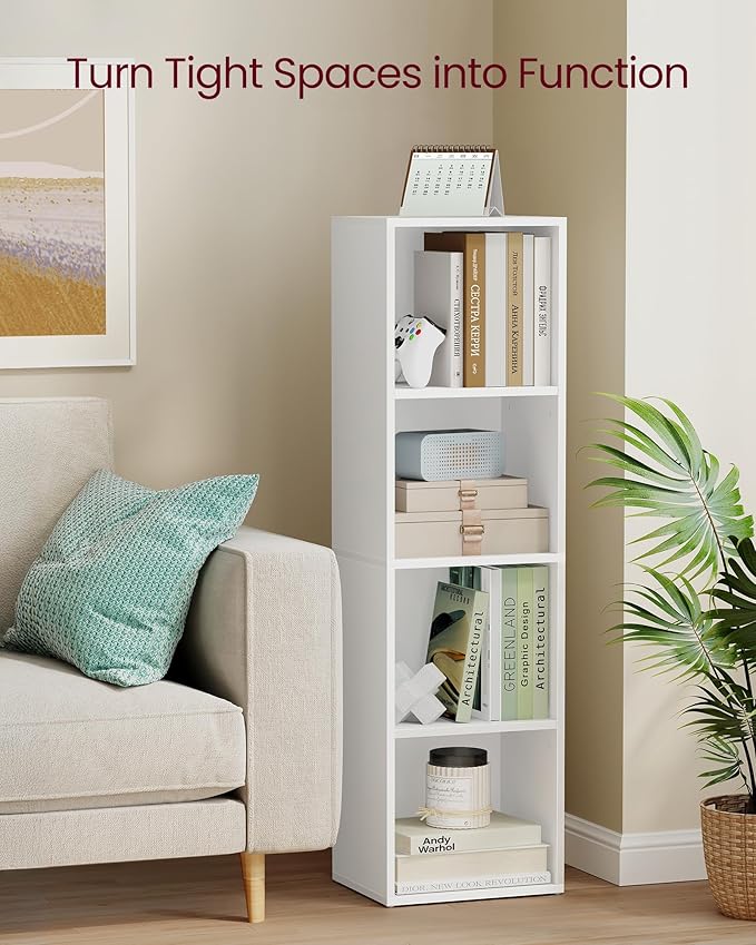 VASAGLE Custos Collection - Bookshelf, 4-Tier Bookcase, Book Shelf, Open Storage Shelf, 9.4 x 11.8 x 41.7 Inches, for Living Room, Home Office, Dining Room, Cloud White ULBC434W01