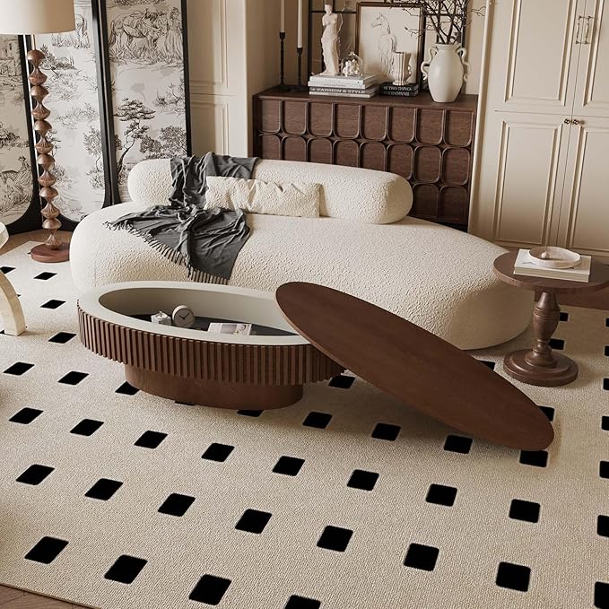 47.2" Oval Coffee Table with Storage, Fluted Coffee Table with Solid Wood Veneered, Mid Century Modern Wooden Center Table, Accent Tea Table for Living Room Apartment, Walnut