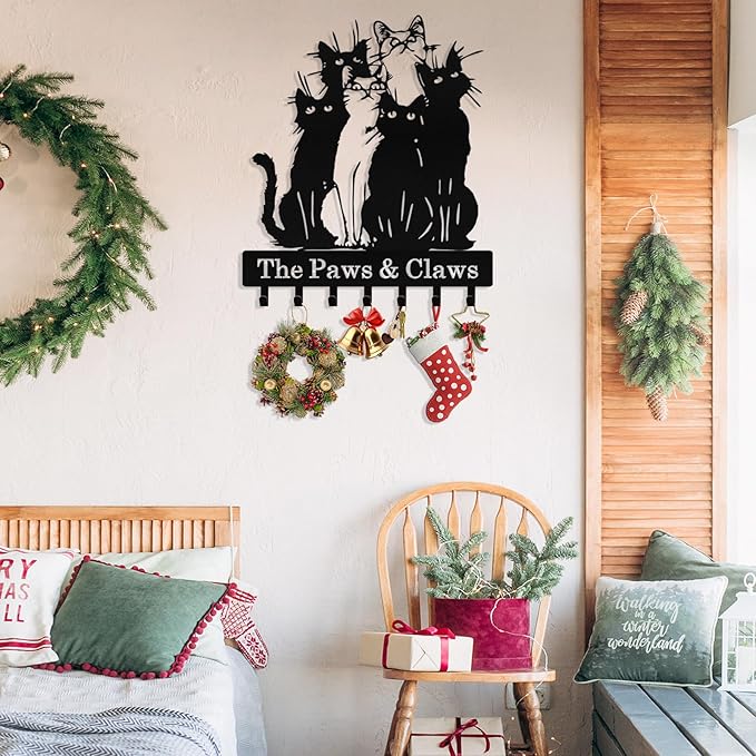 Personalized Cat Key Holder Wall Mount, Custom Metal Key Holder for Wall with Name, Custom Keys Rack Hanger with Hooks for Entryway, Front Door, Hallway, Living Room, Kitchen