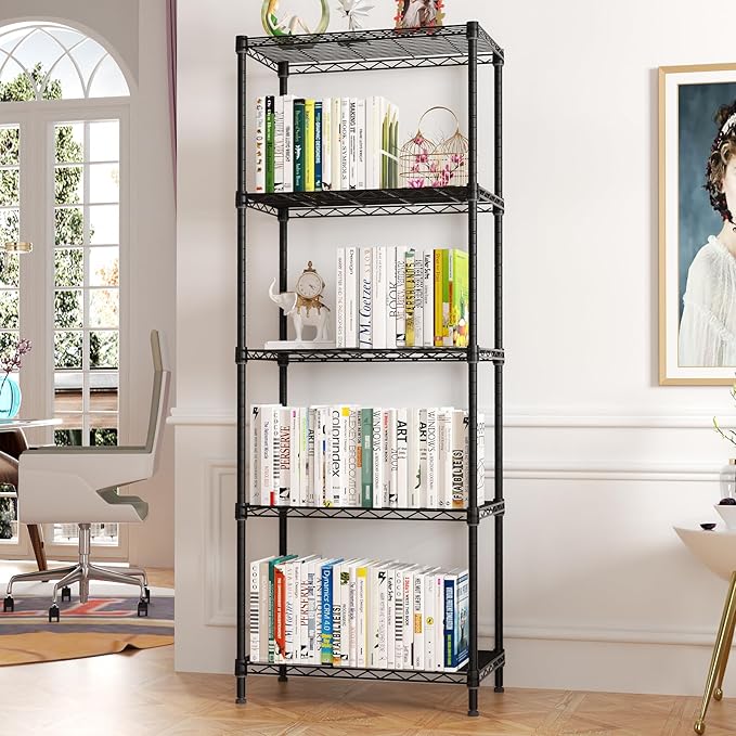 5 Tier Adjustable Storage Shelves Heavy Duty Metal Utility Shelf 750LBS Capacity Wire Shelving Unit Organizer Rack for Home Kitchen Office Bathroom Pantry Room 12" D x 22" W x 59" H Black