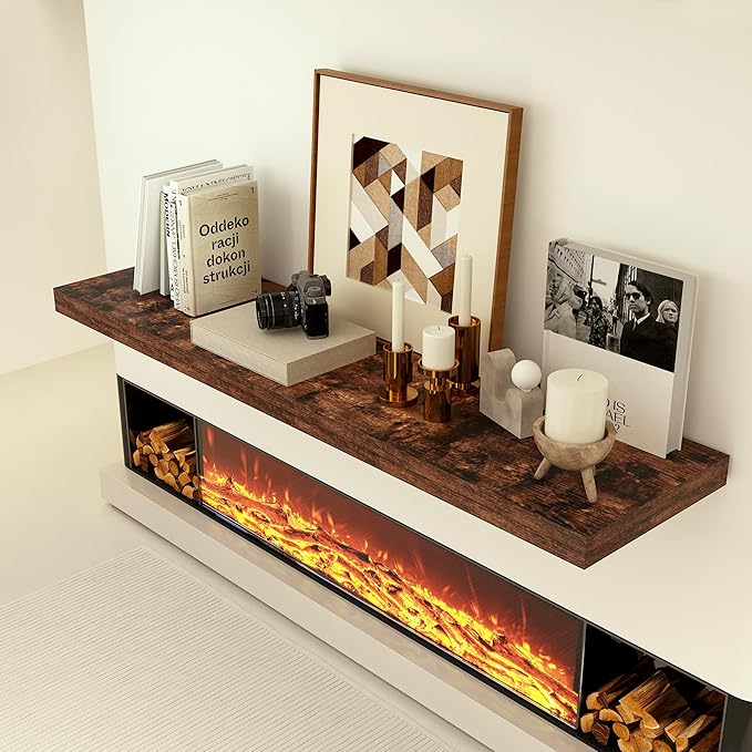 Heimlove 12 Inch Deep Floating Shelves, 55 x 12 inches Long Wall Shelf, Large Extra Display Shelf & Storage Shelf, Rustic Wood Wall Shelves for Fireplace Mantel, Set of 1(Rustic Brown)