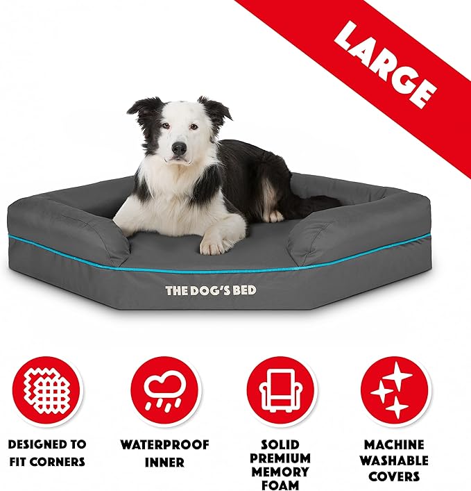 The Dog’s Bed Medium Support Memory Foam Waterproof Corner Dog Bed, Large, Grey & Blue Trim, Eases Pet Arthritis & Hip Dysplasia Pain, Therapeutic & Supportive, Washable Oxford Fabric Cover