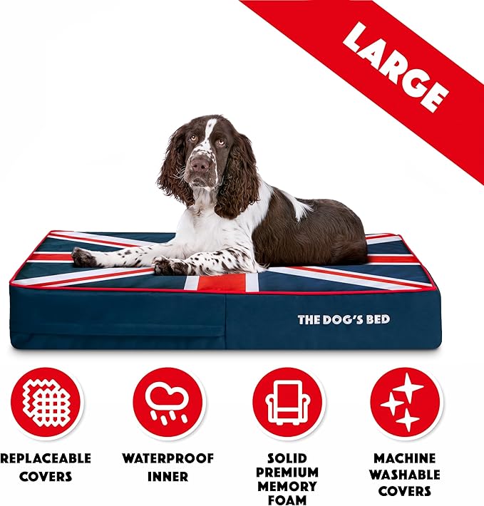 The Dog’s Bed Orthopedic Memory Foam Dog Bed, Large Blue & Red Trim UK Center Flag 40x25, Pain Relief for Arthritis, Hip & Elbow Dysplasia, Post Surgery, Supportive, Calming, Waterproof Washable