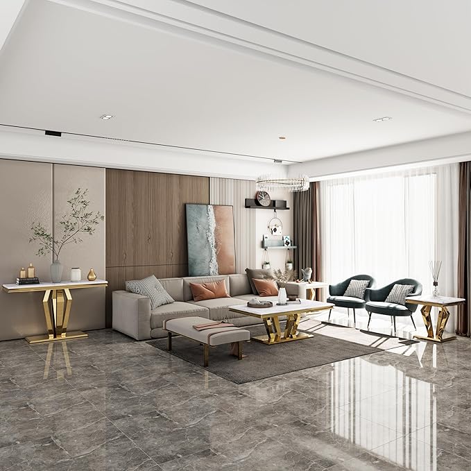 Coffee Table Set, 48 inches Modern Gold Coffee Table with 4 Geometric Polished Bases and Rectangular Gold Console Table with White Top for Living Room (Coffee Table + Console Table)