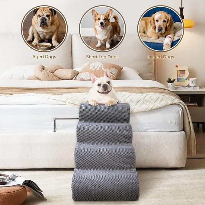 PAWSCART Dog Stairs for Small Pets, 17.7" H with 30D Material Soft Foam, Portable Ramp Non-Slip Surface Non-Slip for Couch and High Bed Climbing, 3-Step Stairs for Cat or Dog, Grey