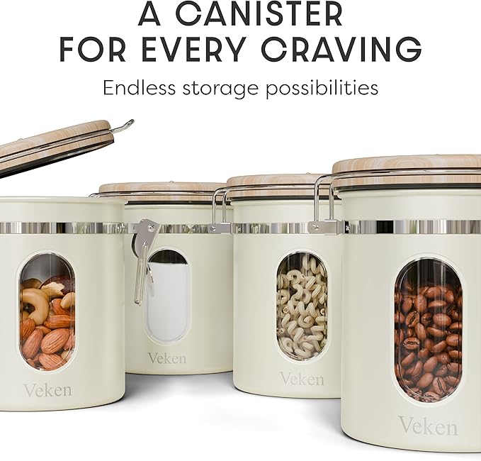 Veken Coffee Canister with Window, Airtight Stainless Steel Kitchen Food Storage Container with Lids, Date Tracker and Scoop for Grounds Coffee, Beans, Tea, Flour, Cereal, Sugar Jars, 16OZ, Cream
