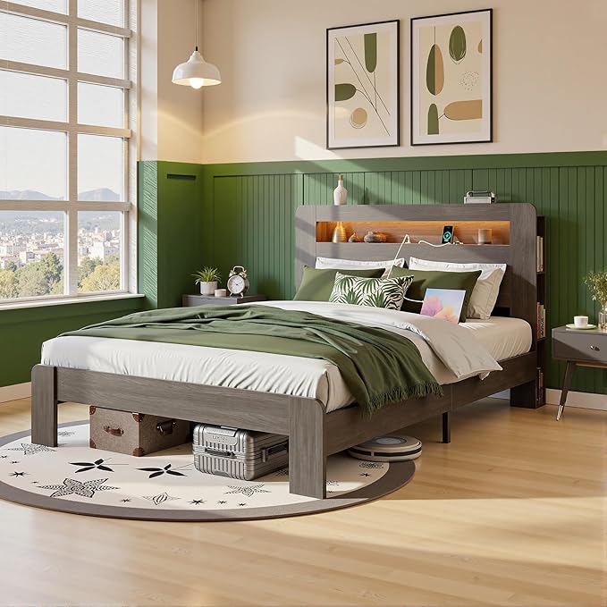 Full Bed Frame with Headboard, Wooden Platform Bed Frame Full Size with Bookcase Shelf, LED Lights, Charging Station, Heavy Duty Supports, No Box Spring Needed,Dark Grey