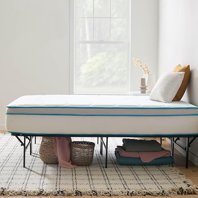 Linenspa 12” Memory Foam and Innerspring Hybrid Mattress + 14” Black Metal Platform Bedframe – Queen Mattress + Metal Folding Queen Bedframe