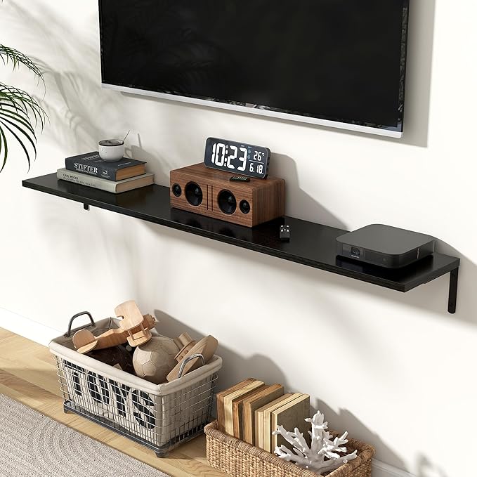 Fun Memories Deep Floating Shelves, 55W x 8D Floating Shelves Set of 2, Wall Mounted Shelf with Metal Brackets, Rustic Wood Wall Shelf for Bathroom, Kitchen and Living Room, Black