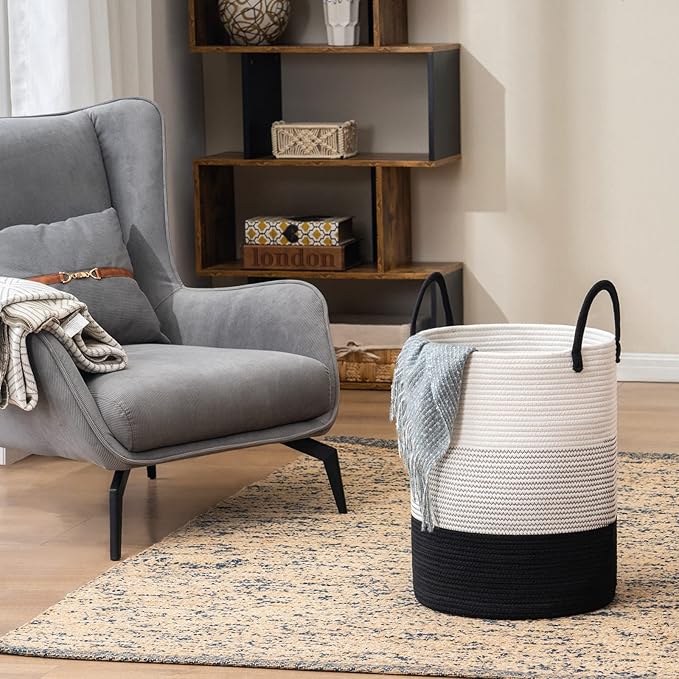 Woven Rope Laundry Hamper Basket by YOUDENOVA, Tall Luandry Basket, Baby Nursery Hamper for Blanket Storage, Clothes Hamper for Laundry in Bedroom-Large-(Dark White, 58L)