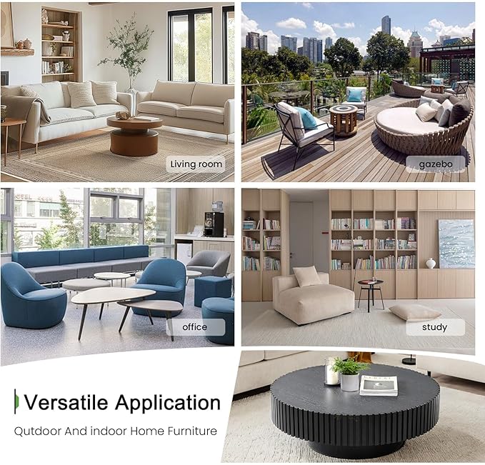 Round Coffee Table for Living Room, 31.5'' Modern Handcraft Drum Coffee Table Unique Fluted Coffee Tables Wood Center Table End Table for Small Space, Farmhouse Apartment Office (Round Black)