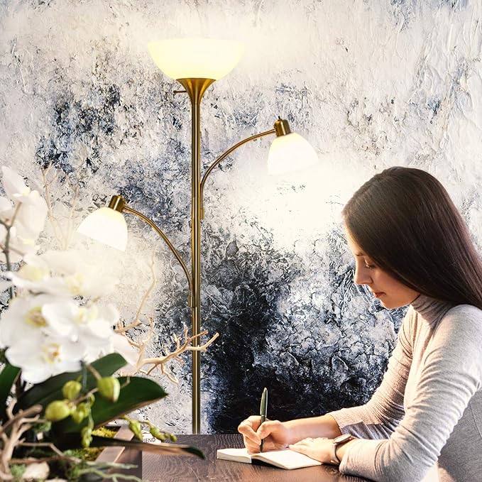 Brightech Sky Dome Double LED Floor lamp, Torchiere Super Bright Floor Lamp with 2 Reading Lamps for Living Rooms & Offices - Dimmable Tall Standing Lamp for Bedroom Reading - Tall Brass Pole