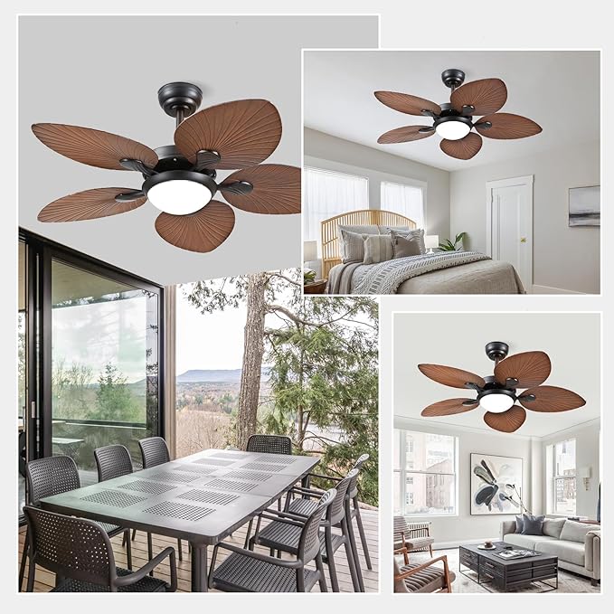 Tropical Ceiling Fans with Lights and Remote/APP Control, 44 Inch Palm Leaf Ceiling Fan with LED Lights, Outdoor Ceiling Fans for Patios Porch, Reversible Quiet Motor, Dimmable, Light Brown