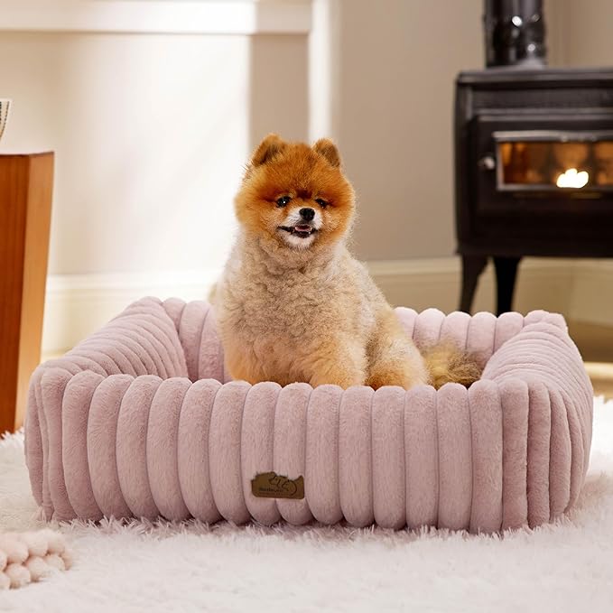 Bedsure Cute Dog Bed for Small Medium Dogs - Washable Furry Puppy Beds, Rectangle Orthopedic Corduroy Fleece Pet Beds with Removable Zipper Cover, 25x21x7inches, Blush Pink