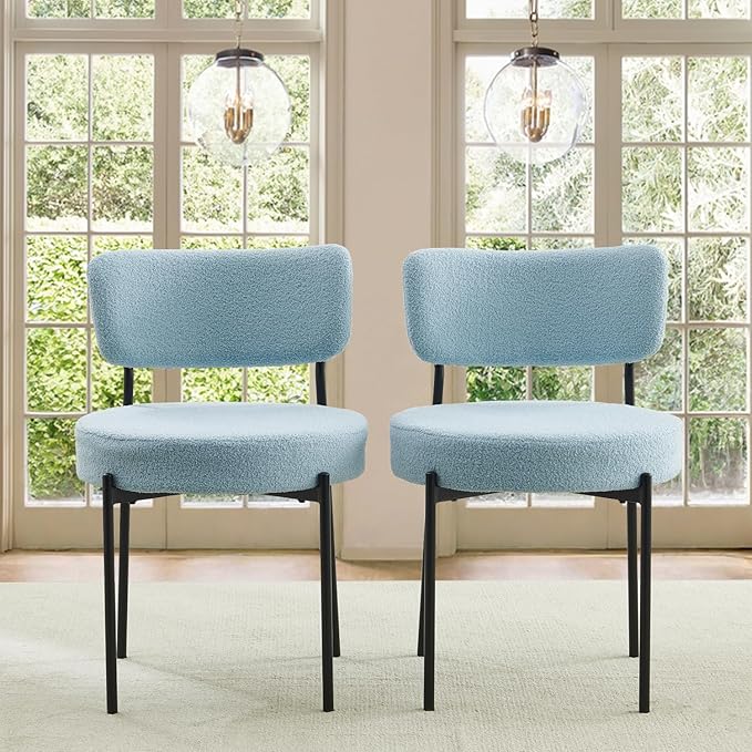 Blue Boucle Dining Chairs Set of 2, Upholstered Dinner Chair with Metal Frame, Dining Room Chairs with Padded Seat, Round Modern Seating for Living Room