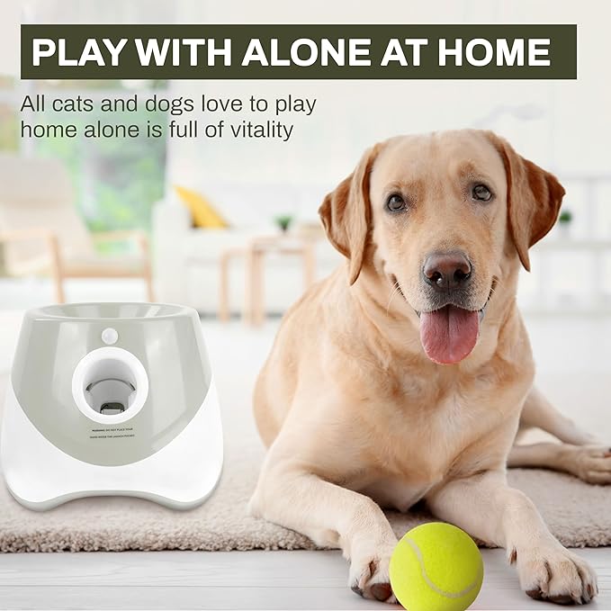 Elevon Dog Ball Thrower Launcher, Indoor/Outdoor Automatic Ball Launcher for Small and Medium-Sized Dogs, Includes 6 Mini Tennis Balls and a Data Line, Grey