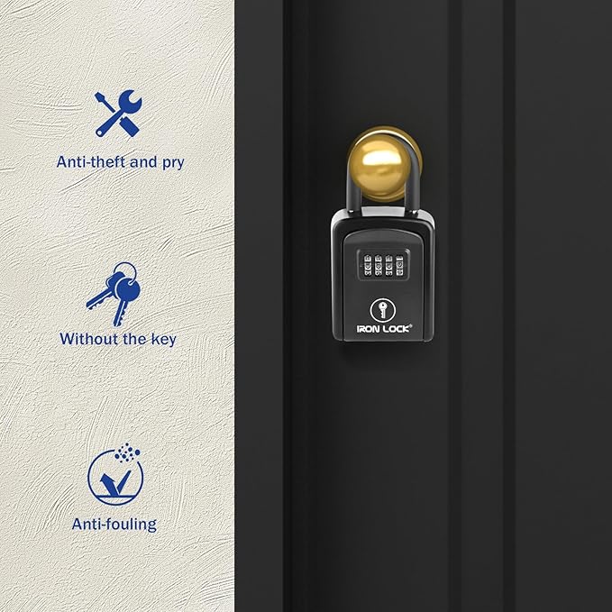 Iron Lock® Key Lock Box Portable with U-Shackle – Small Waterproof Heavy-Duty Metal Safe with 4-Digit Combination for Spare Keys Outside on Door Knob, Fence, or Gate (Black, Small)