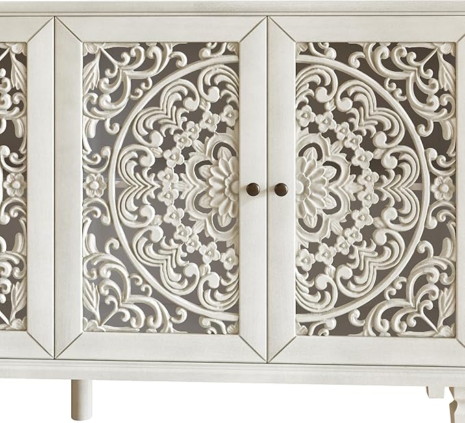 Retro 60'' Large Storage Cabinet Sideboard with 4 Hollow-Carved Doors and Adjustable Shelves, Acacia Wood Vintage Entryway Console Table TV Stand for Living Room Dining Room (Antique White-LK)
