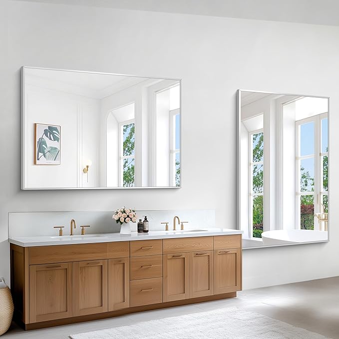 BONEWEI Silver Bathroom Mirror,55x36 inch Wall Mirror for Bathroom Wall Mounted,Large Rectangle Mirror for Bathroom Over Sink,Modern Metal Frame for Living Room,Bedroom Entryway,Horizontal/Vertical