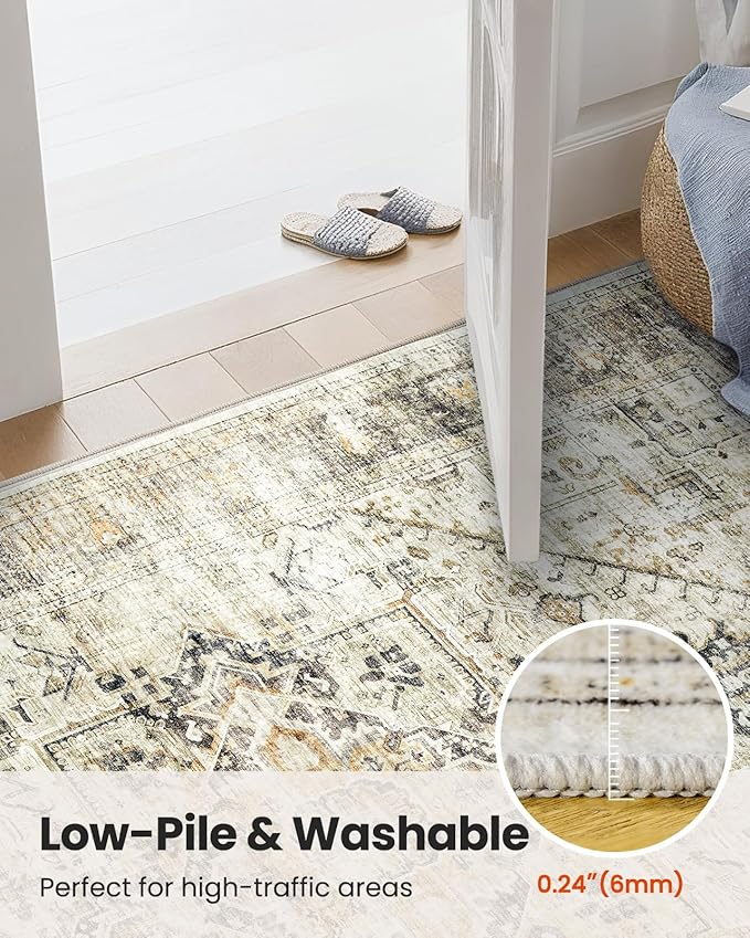 AMADA HOMEFURNISHING 5x7 Washable Area Rug, Low-Profile Living Room Rug with Non-Slip Backing & Durable Edge Binding, Large Area Rug, Vintage Rugs for Living Room, Bedroom, Dinning Room