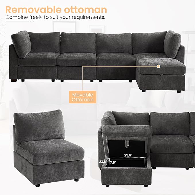 TEKAMON 96" Modular Sectional Sofa with Ottoman,Large Comfy Cloud 3-Seat Deep Seat, Reversible Chaise Modular Sectional Couches for Living Room and Apartmenr,Grey