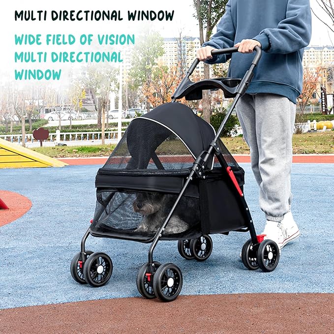 Pet Stroller,4 Wheels Outdoor Travel Pet Folding Stroller,Cat Strollers w/Removable Carrier,Dog Cat Cage Strollers with Cup Holder,Breathable and Visible Mesh for Medium Small Dog 1 Set