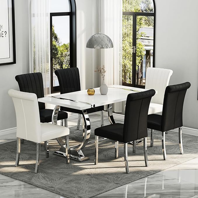 Asday White and Silver Rectangle Dining Table for 4-6, 60 inch Luxury Modern Dining Room Table with MDF Tabletop and Mirrored Chrome U-Shaped Base for Living Room, Kitchen, Apartment