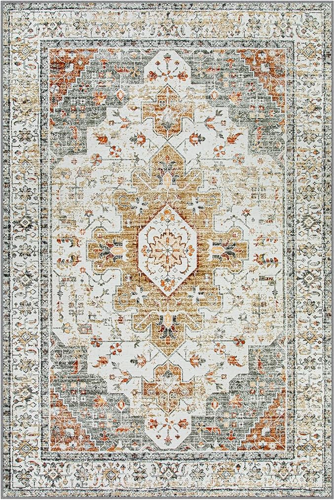 Moynesa Ultra-Thin Washable Area Rug - 4x6 Vintage Living Room Rugs Non-Shed Non Slip, Oriental Low Pile Indoor Accent Floor Carpet for Bathroom Bedroom Laundry Mudroom Entrance, Beige/Gold