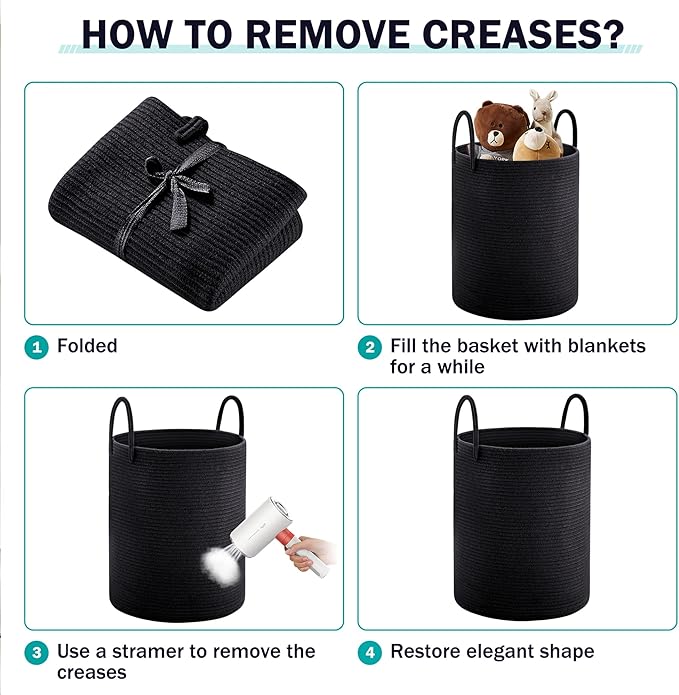 YOUDENOVA Woven Rope Laundry Hamper Basket, 58L Tall Laundry Basket, Baby Nursery Hamper for Blanket Storage in Bedroom-Large- Black