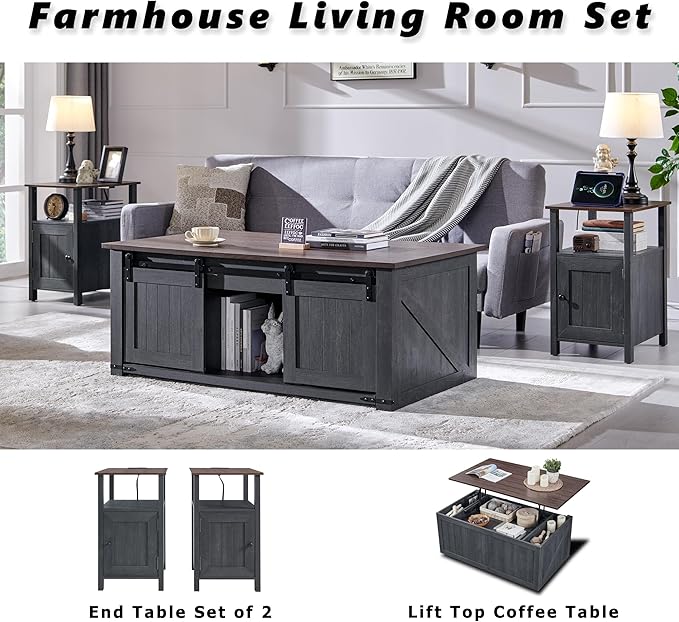 Farmhouse Nightstand Set of 2, End Table with Charging Station, Rustic Side Table w/Barn Door & Open Shelves, Bedside Table w/Storage Space and Storage Cabinet for Bedroom, Living Room Dark Grey