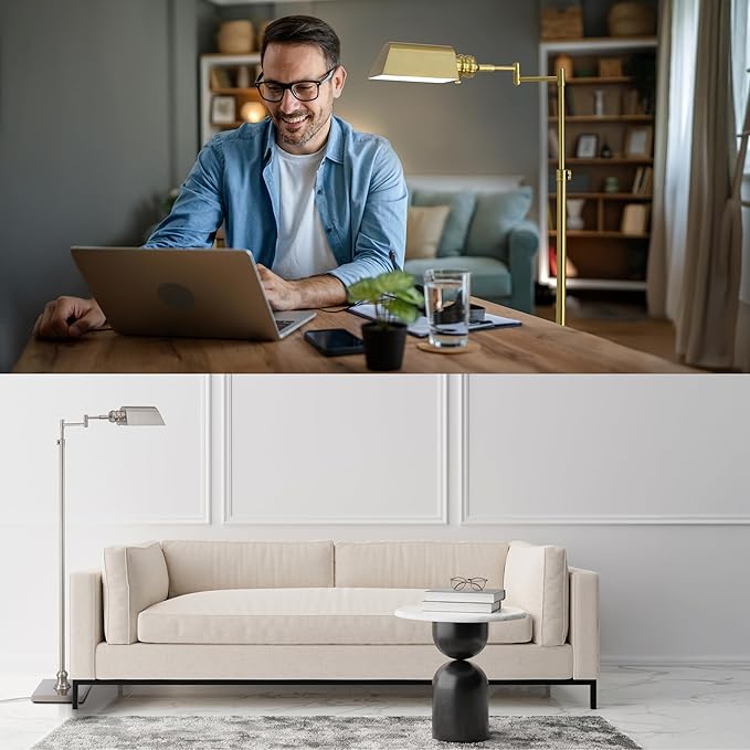 O’Bright Arcadia - Pharmacy Floor Lamp, Full Range Dimming, Swing Arm Task Lamp, E26 Socket, Bulb Replaceable, Adjustable Height 47” to 55”, 360° Rotatable Shade, All-Metal Design, Antique Brass