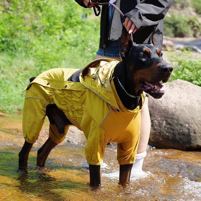 LOVELONGLONG Fleece-Lined Dog Raincoat with Removable Hood – Waterproof Winter Full Body Dog Jacket – Windproof Snowproof Cold-Weather Suit – Yellow-F S+