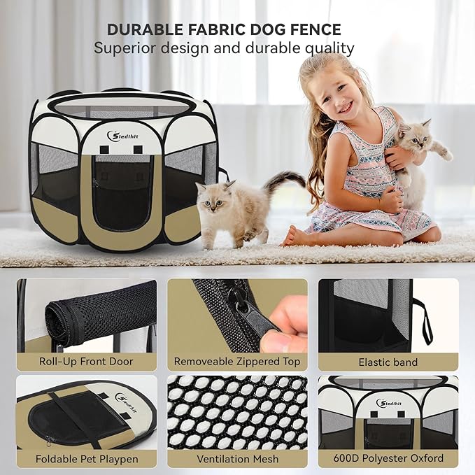 Pink Puppy Playpen for Middle Dog Cat, Dogs Tent Crate Cage Indoor/Outdoor, Portable Pop Up Dog Kennel with Carrying Bag for Rabbits, Removable Top (Coffee, Small (29" x 29" x 17"))