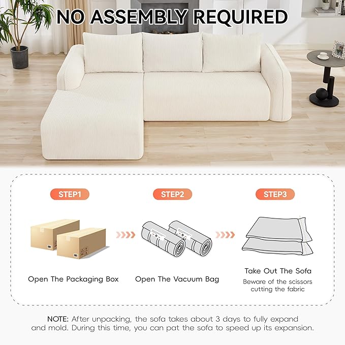 103'' Boneless Corduroy L Shaped Couch, 3 Seat Modular Sectional Deep Seat Sofa with Chaise Lounge, No Assembly Cloud Lounge Sleeper Sofa, White