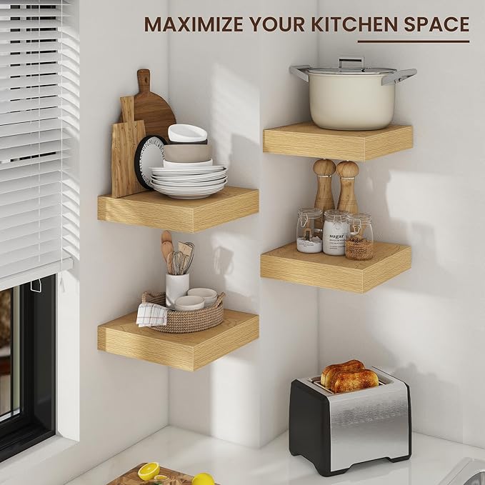 Square Floating Shelves for Wall, 12" W x 12" D x 2" H, 2 Pack of Small Wall Mounted Engineered Wood Shelves with Invisible Brackets for Living Room, Bedroom, Bathroom, Kitchen Decor, Oak