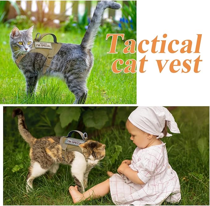 Tactical Cat Harness for Walking Escape Proof, Soft Mesh Adjustable Pet Vest Harness for Large Cat, Small Dog and Khaki…