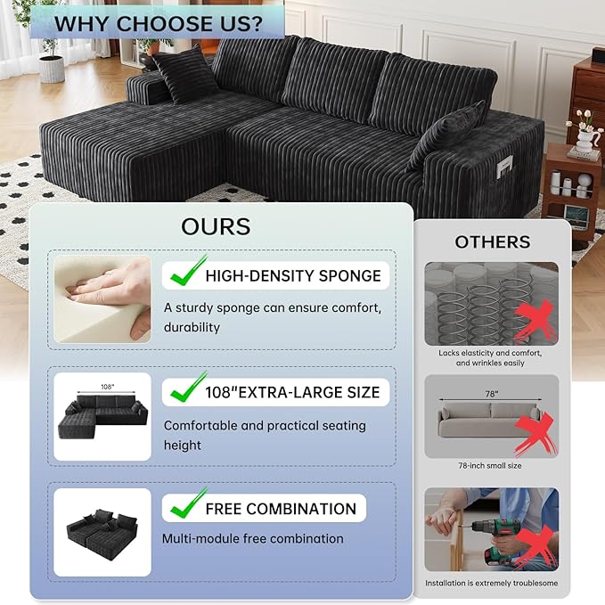 108" Sectional Couches for Living Room, Modular Sectional Sofa with L-Shape Chaise, Boneless Couch, Comfy Corduroy Fluffy Couch with Deep Seat and Side Pockets, No Assembly Required