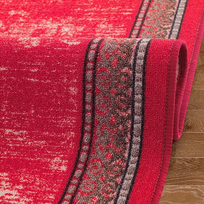 Antep Rugs Alfombras Bordered Modern 2x7 Non-Slip (Non-Skid) Low Pile Rubber Backing Indoor Area Runner Rug (Red, 2' x 7')