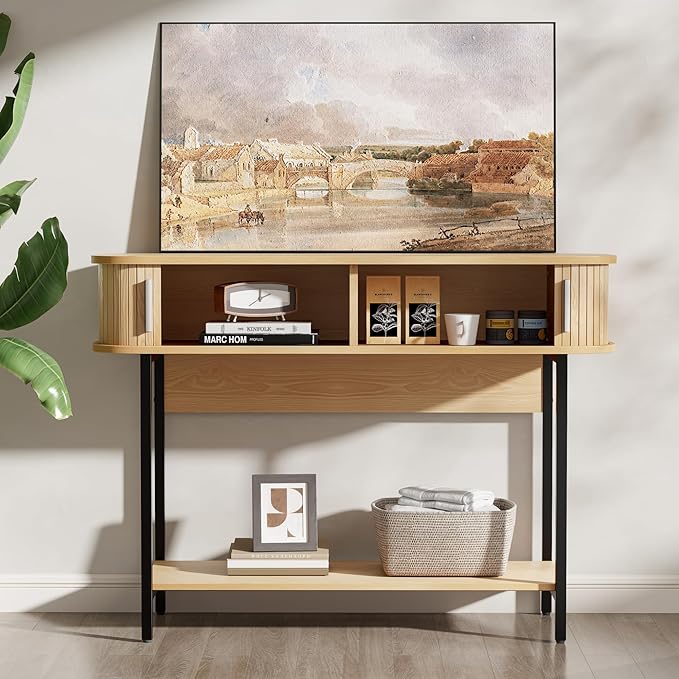 40" Mid Century Modern Entryway Table, Ultra Slim Fluted Console Table with Storage & Sliding Doors, Modern Round Corner Sofa Table, Wooden Entry Table for Hallway, Living Room, Natural