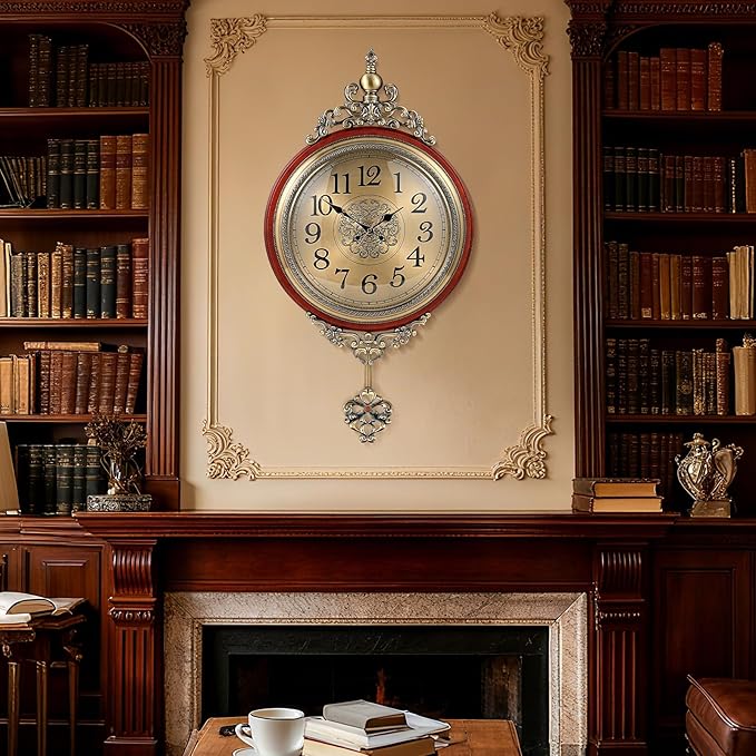 Vintage Wall Clock with Pendulum,Diameter 16 in/Full Length 30.7 in Large Retro Metal and Glass Silent Clock for Living Room, Antique Wood Pendulum for Dining Room Office Home Decor