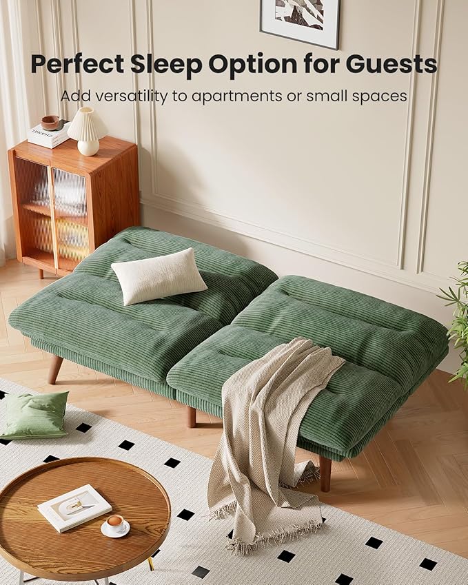 Amada 75" Convertible Futon Sofa Bed, Corduroy Folding Futon Set with Adjustable Backrest &Armrests, Recliner Lounge for Living Room, Apartment or Office, Solid Wood Frame, Loveseat Sofa -Forest Green