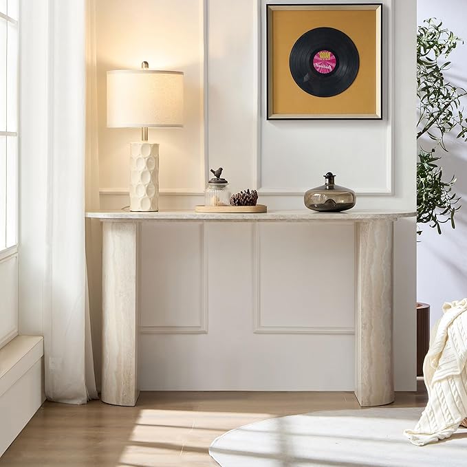 LKTART 55" MDF Console Table for Entryway, Narrow Entryway Table with Faux Mars Marble Pattern, Couch Table Behind Sofa with Curved Legs for Living Room Hallway Foyer