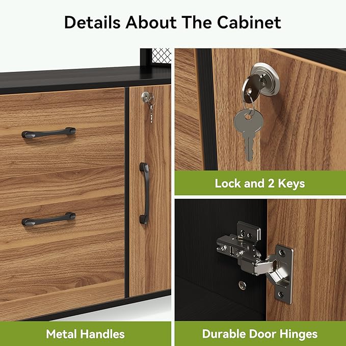 LITTLE TREE 55" Executive Computer Desk and Lateral File Cabinet, L-Shaped Office Desk with Storage for Home Office, Study Writing Workstation, Walnut + Black