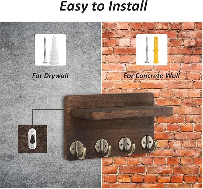 Nekon Key Holder Wall Mount, 8.5 Inch Small Home Decor Wooden Wall Organizer with 4 Hooks and Shelf, Wall Decor for Living Room Entryway Kitchen (Brown)