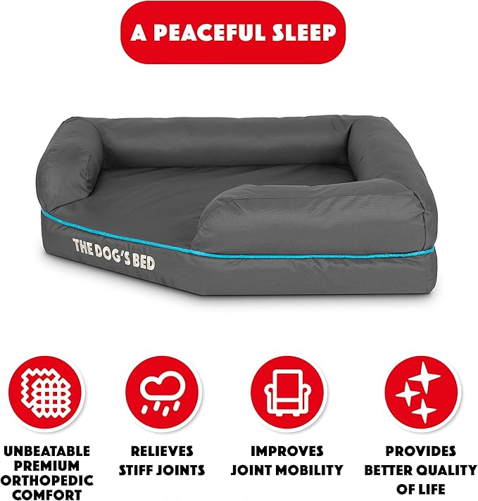 The Dog’s Bed Memory Foam Waterproof Corner Dog Bed, Medium, Grey & Blue Trim, Eases Arthritis & Hip Dysplasia Pain, Therapeutic & Supportive, Washable Oxford Fabric Cover